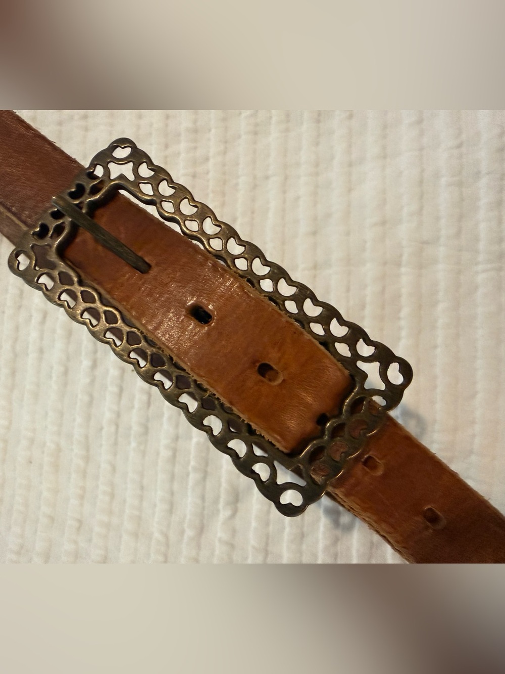 Belt Shack Caramel Brown Leather Belt with Decorative Brass Buckle GUC 0776